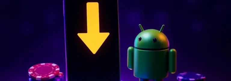 Phone standing upright with a download symbol, casino chips spread around its base