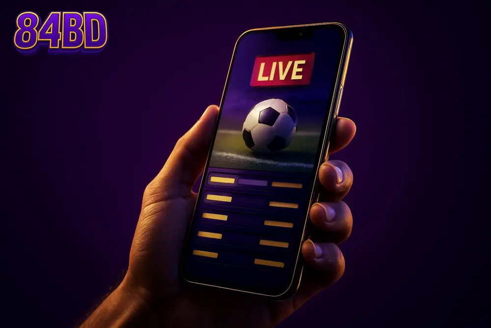 84BD app โ a hand holding a phone with a live sports betting screen 84BD app โ a hand holding a phone with a live sports betting screen