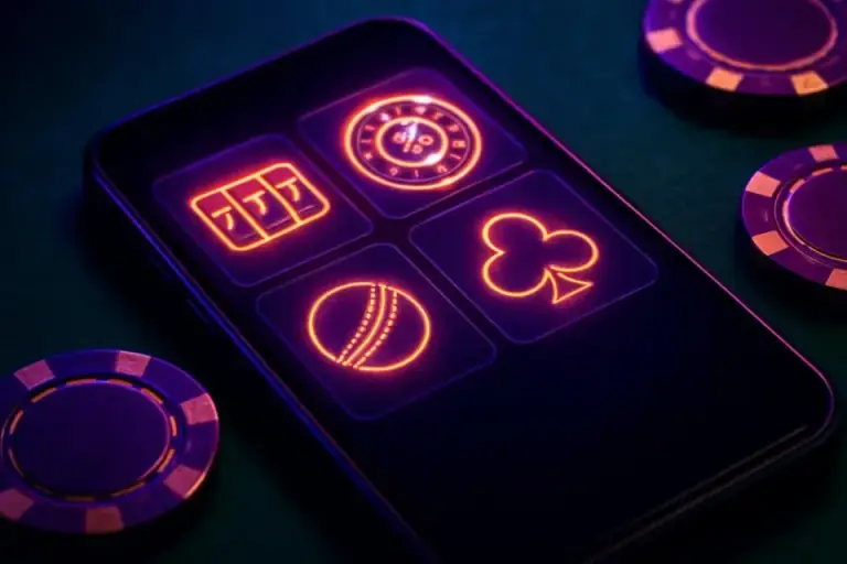 Smartphone on a felt table showing slot, roulette and sports tiles