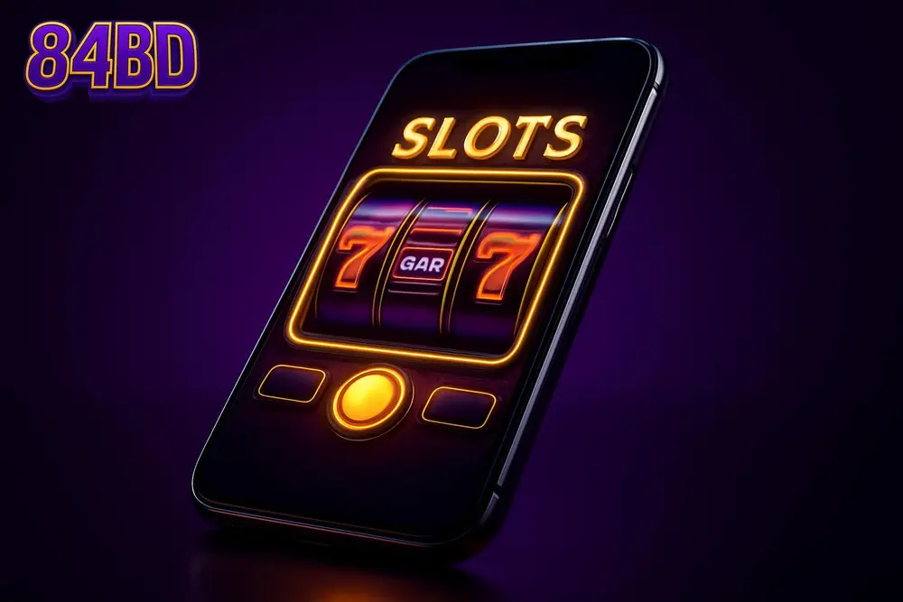 84BD app โ a smartphone showing a glowing online casino slot game app 84BD app โ a smartphone showing a glowing online casino slot game app