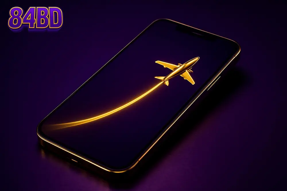 84BD Aviator game — a smartphone screen showing a rising flight path game animation