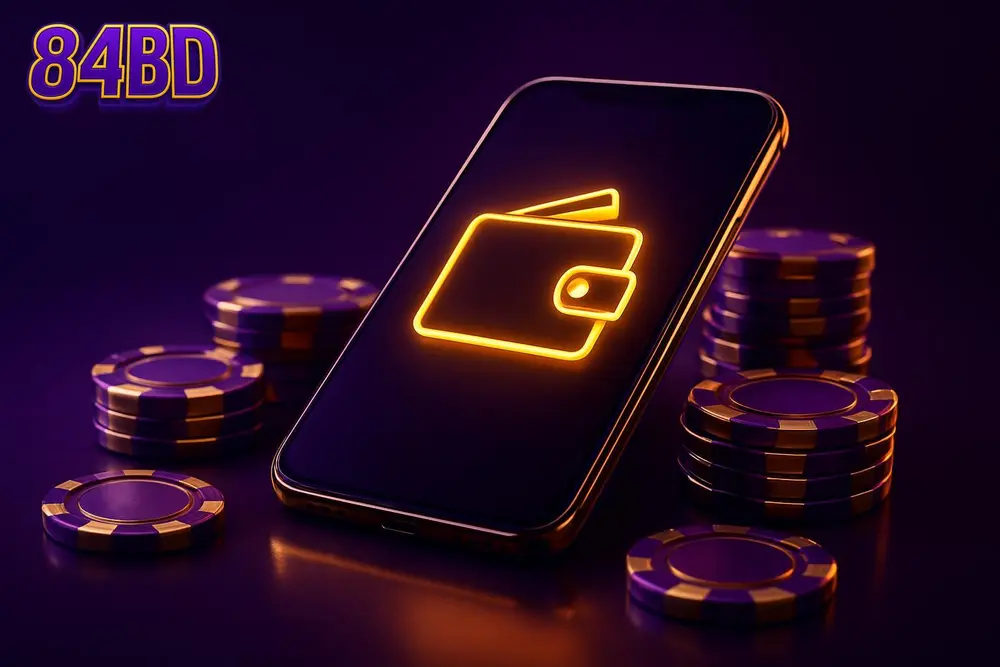 84BD bKash deposit — a glowing smartphone with mobile-wallet icons surrounded by poker chips