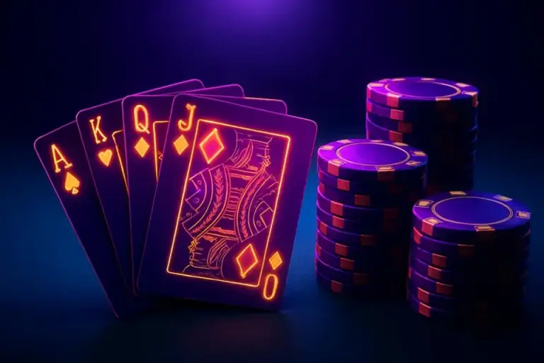 Dark green card table with fanned cards and stacked chips
