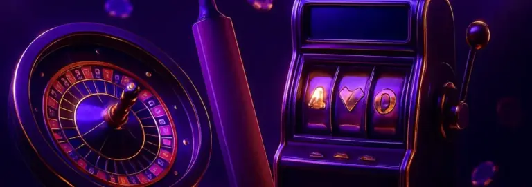 84BD sports betting and casino overview: roulette wheel, cricket batter and slot machine