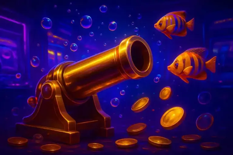 Underwater arcade scene with a golden cannon aimed at bright tropical fish