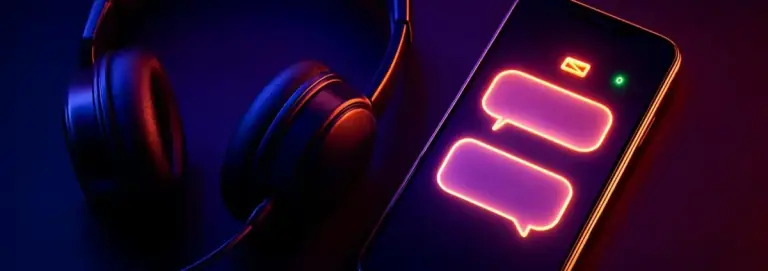 Support banner with a headset, a phone with message bubbles and an envelope icon