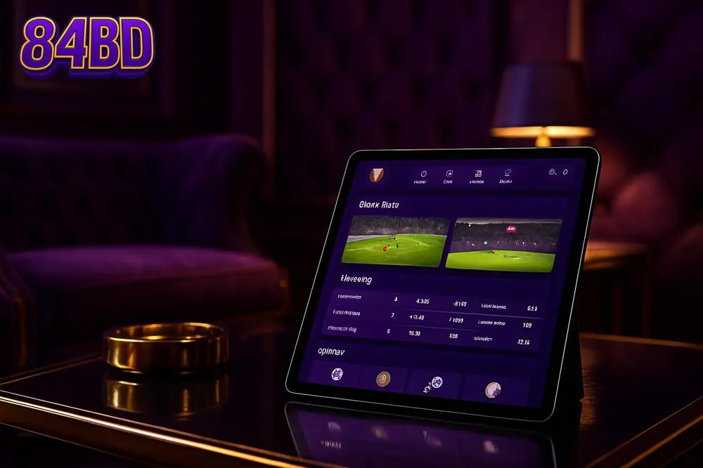 84BD Bangladesh — a purple and gold themed lounge with a betting app on a tablet
