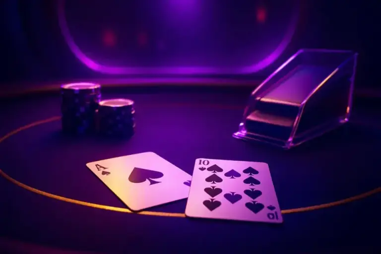 Live casino card table with cards, a card shoe and chips