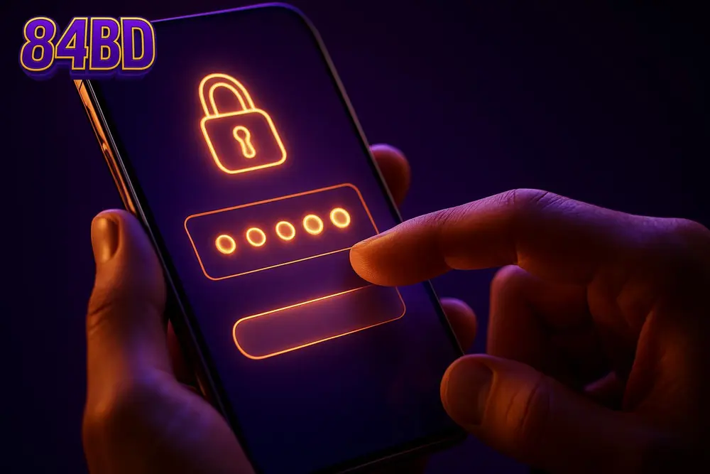 84BD login โ a hand entering a password on a glowing mobile app interface 84BD login โ a hand entering a password on a glowing mobile app interface