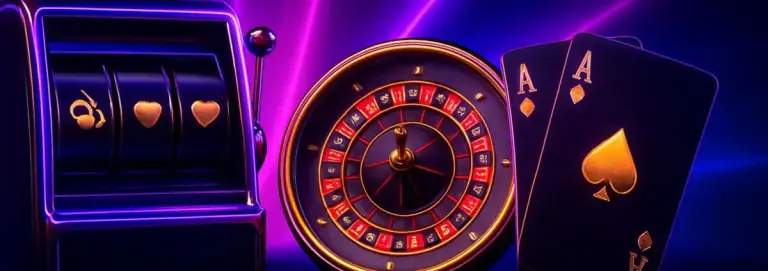 Roulette wheel between a slot machine and a fan of cards, neon rays behind