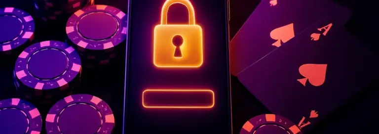 Smartphone showing a login screen with a gold padlock, casino chips and playing cards around it