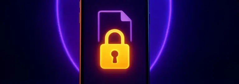 Smartphone with a document icon and a glowing lock, a soft shield of light behind