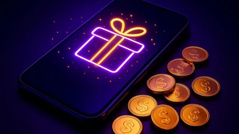 Illustration for 84BD players: promotions screen on a phone with a gift symbol and gold coins