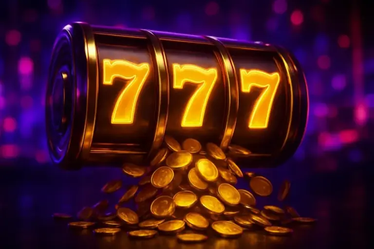 Close-up of slot reels with seven symbols and falling coins