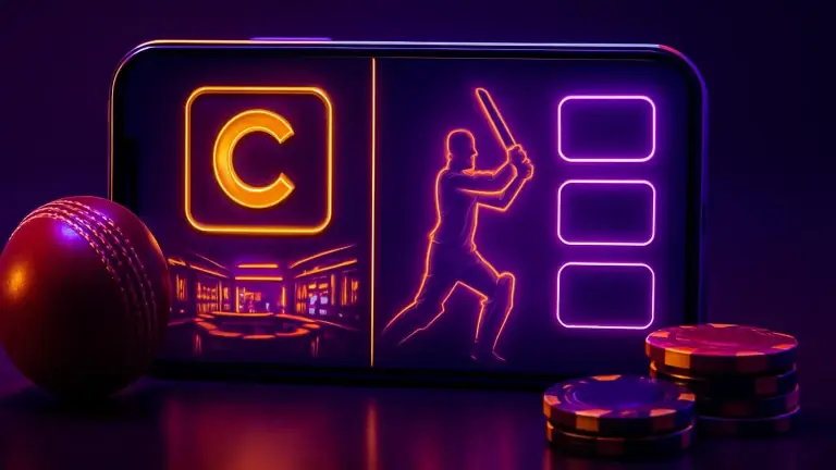 Casino lobby and cricket odds on one mobile screen, chips and a ball on the table